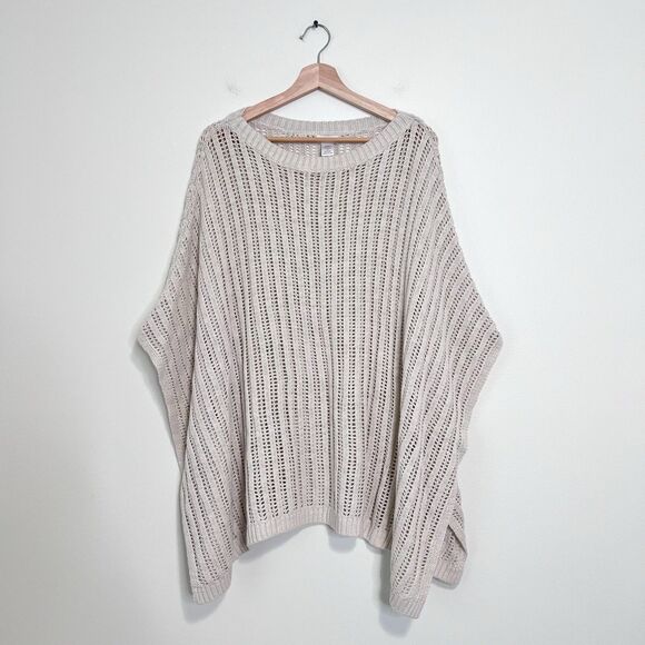 Garnet Hill Linen Organic Cotton Crochet Poncho Sweater Neutral One Size - Picture 2 of 7